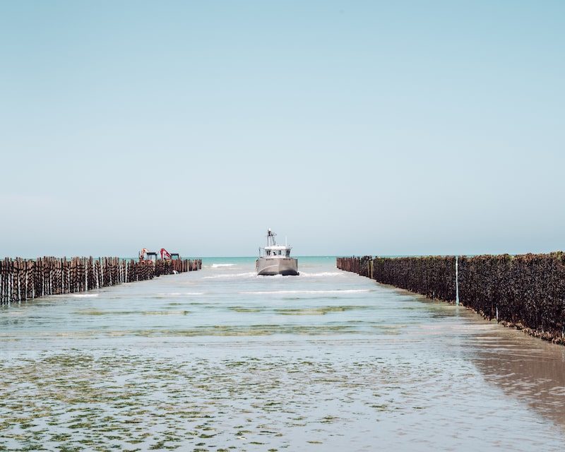 Bateau dans un parc à moules de bouchot